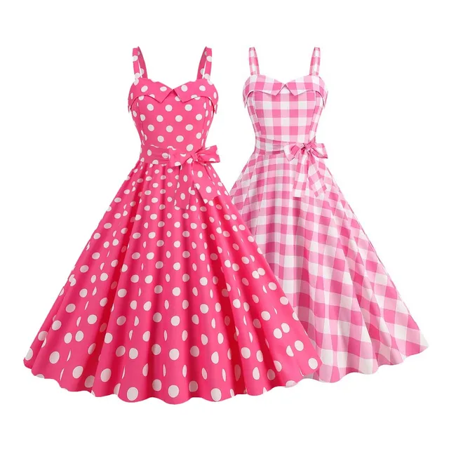 Women's Summer Dress Sexy Retro Pink Dot Plaid Spaghetti Strap Gown High Waist Party Clothes