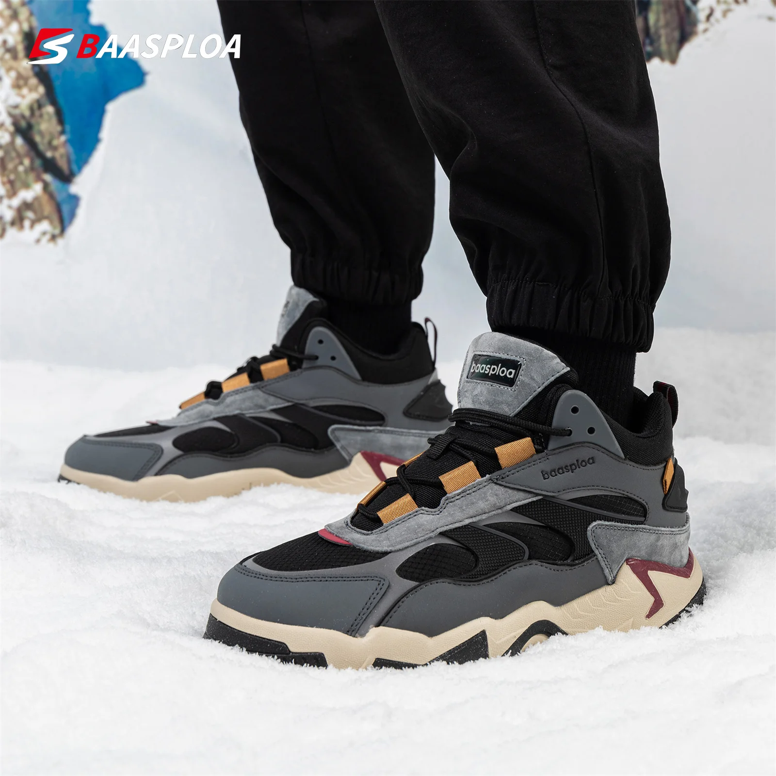 Baasploa Men Winter Sneakers Leather Waterproof Sport Shoes for Men Comfort Plush Warm Male Sneakers Non-Slip Free Shipping