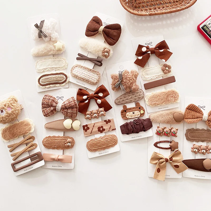 

4 Pcs/set Cute Baby Girls Accessories Fabric Bowknot Knitted Hair Clip Heart Cartoon Bear Hair Clips Korean Girls Hairwear Gifts