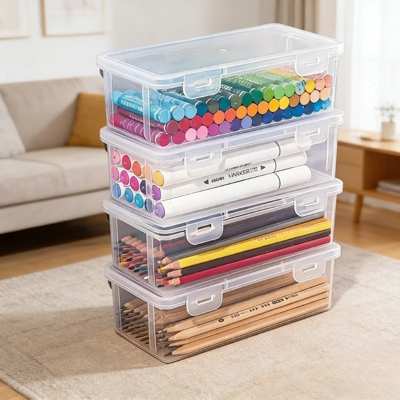 뚜껑이 있는 투명 플라스틱 수납함 4개 세트, 사무용품, 미술 공예품, 연필 등을 위한 쌓을 수 있는 투명 정리함