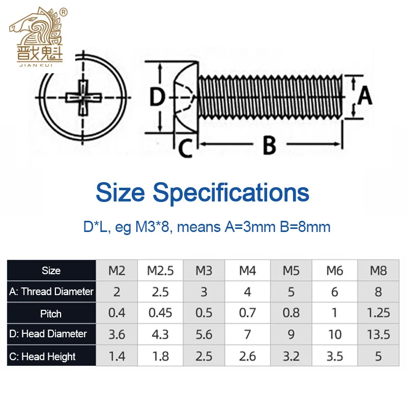 10/50X M2 M2.5 M3 M4 M5 M6 M8 Metric Threaded Nylon Plastic Phillips Pan Head Cross Round Screw Bolt length 5mm-25mm