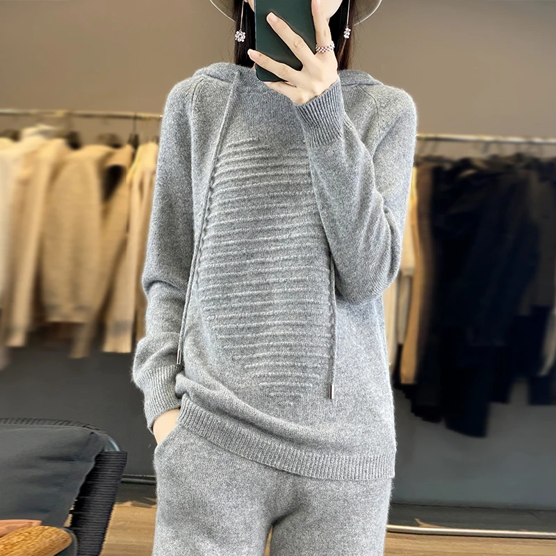 Fashion Suit Autumn Winter 100% Merino Wool Knitted High Quality Sweater Women Tops And Sports Pants Two-Piece Female Girl Cloth 5