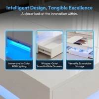 Table basse carrée blanche Comanlai avec finition brillante, dotée d'un éclairage d'ambiance LED à changement de couleur contrôlé via une application mobile 2
