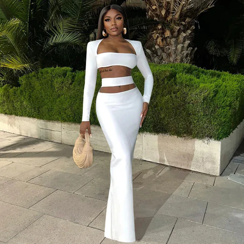 

Sexy Two Piece Dress Sets Club Outfits for Women Crop Top High Waist Cut Out Maxi Skirt Sets Festival Clothing Matching Sets