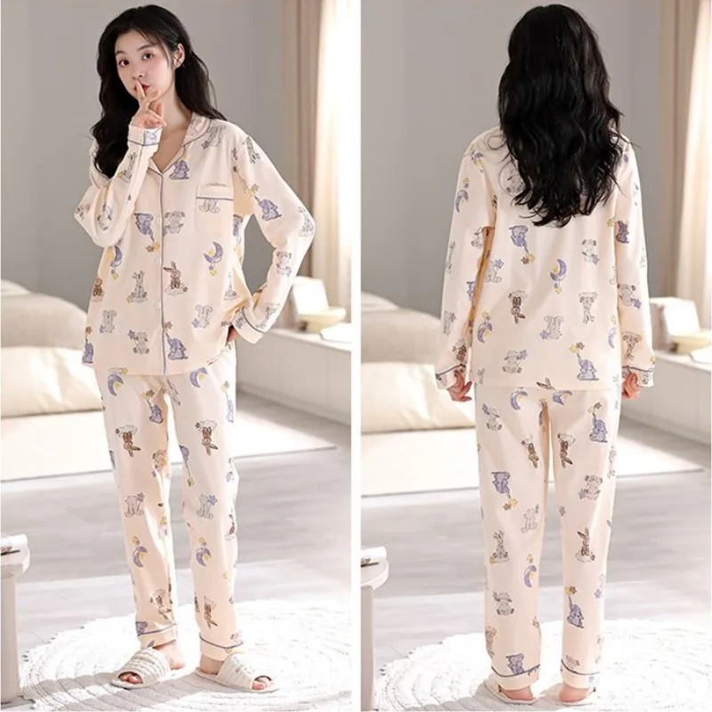 Women Spring Autumn Sleepwear Set Cotton Long-sleeved Loungewear Girl Lapel Pajamas Plus Large Size Cardigan Home Service Suit