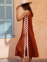 Summer Solid Patchwork Loose Midi Dress Women Casual O-neck Sleeveless Split Vintage Dress Female Beach Holiday Sundresses 2025 - Image 4
