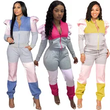

2022 Women's Hot Sale Zipper Stitching Contrast Color Puff Sleeve Sweater Sports Suit