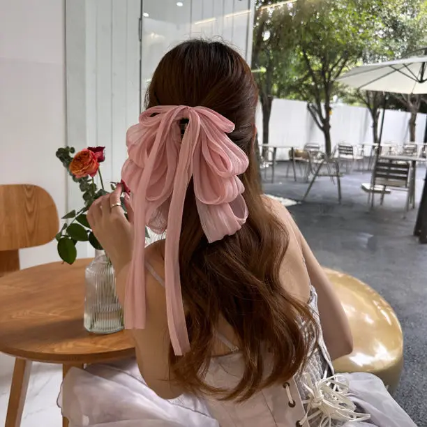 

Big Bowknot Layers Sweet Women Girls Pink Fluffy Hair Claw Mesh Daily Casual Hair Accessories Net Yarn Female New Headwear