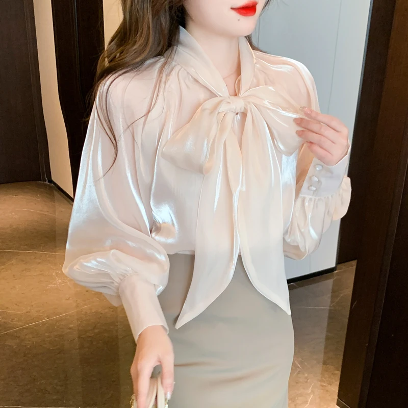 Korean Style Shirt Female Big Bow Tie Blouse Retro Lantern Long-Sleeved Elegant Blouses Women 2022 Spring New Pink Organza Tops sexy organza blouse