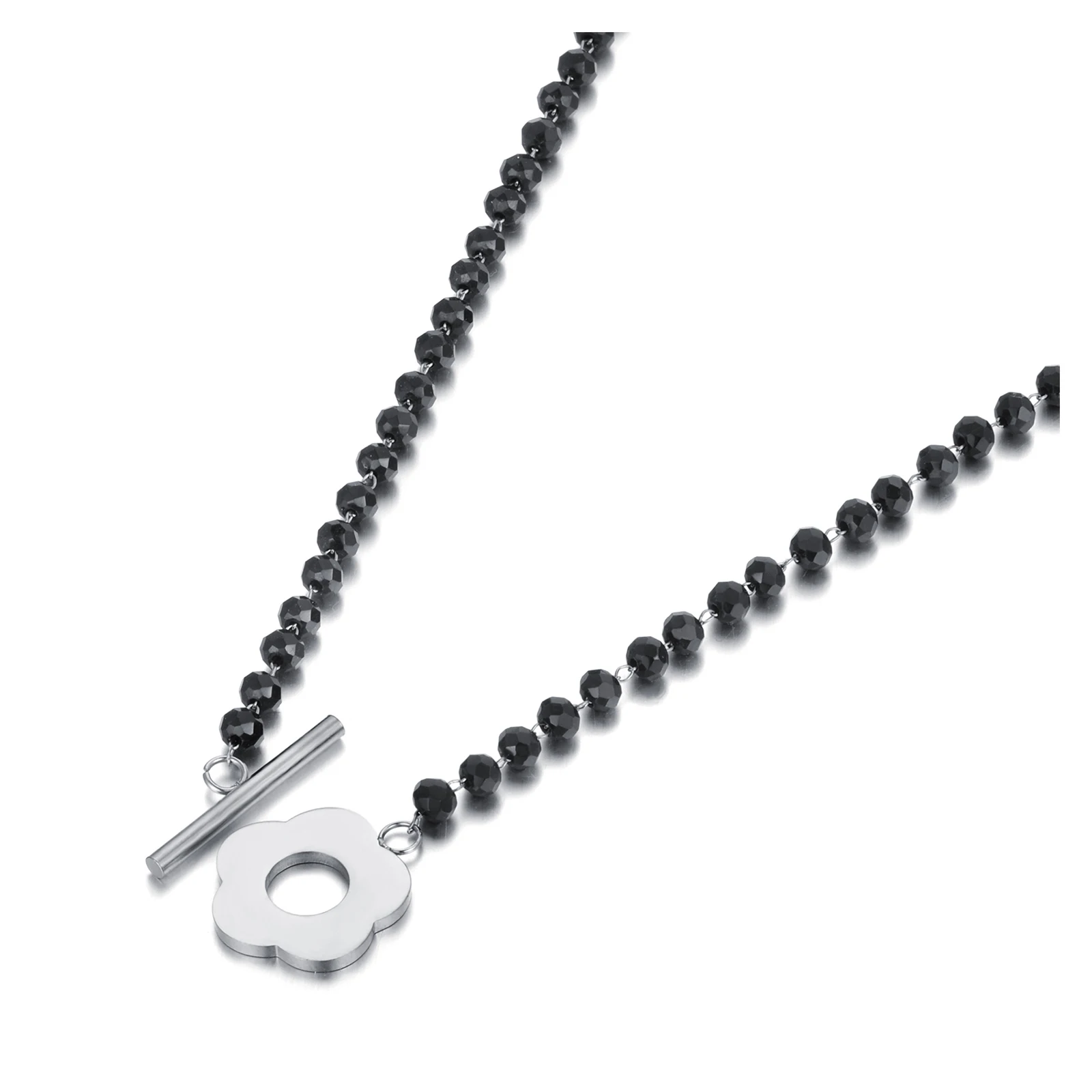 Lokaer Mode Schwarz CZ Kristall Charme Halsketten Für Frauen Edelstahl Weiße Perle Link Kette Böhmischen Strand Halskette N22083_voghion.com