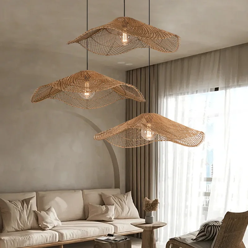 

Vintage Rattan Pendant Light Living Room Loft Kitchen Tea Room Restaurant Suspension Luminaires Hand Woven Straw Hat Chandeliers