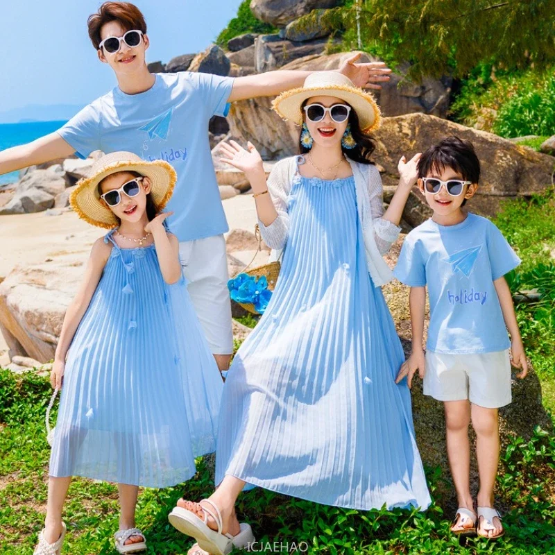 Family Matching Outfits  Beach Dress Mom Daughter Vacation Set Father Son Tshirt Pants Suit Children Twin Clothes Girl Dresses - 3