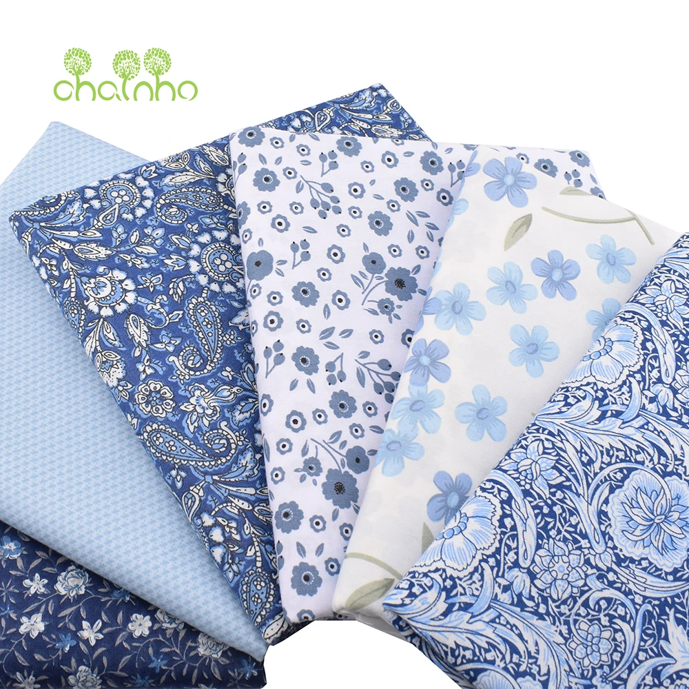 Chainho,Printed Twill Weave Cotton Fabric,DIY Qulting Sewing Material,Patchwork Cloth,Blue Series,6 Designs,3 Spiecification