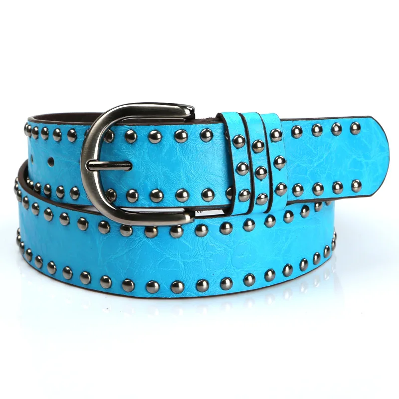 

Punk Style Womens Belt All-match PU Leather Alloy Pin Buckle Solid Color Personality Blue Designer Belt Female Double Rivet Belt