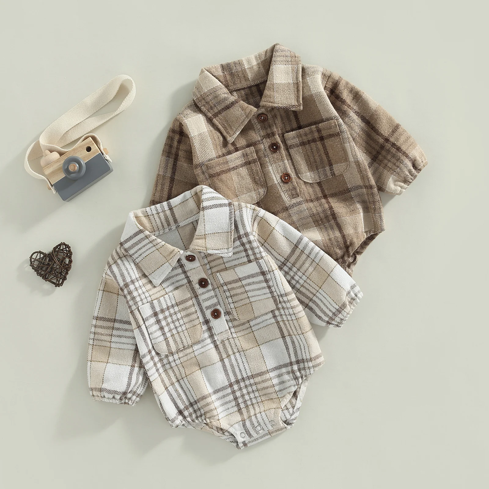 

Baby Boy Bodysuit Clothes New Born Spring Autumn 2022 Buttons Lapel Long Sleeve Vintage Plaid Pattern Jumpsuit with Pockets