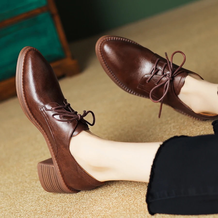 

EAGSITY British style brown oxford shoes women casual brogue genuine leather square heel pointed toe derby shoes