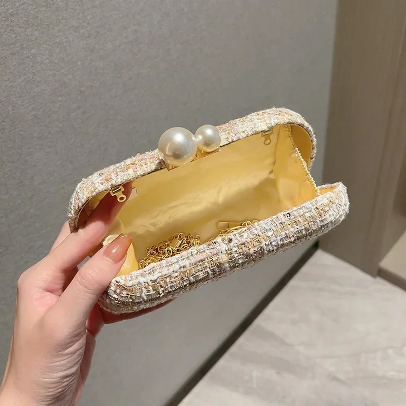 Sequin Tweed Evening Bag Faux Pearl Clutch Purse Plaid Pattern Handbags for Wedding Party Prom Small Shoulder Crossbody Bags