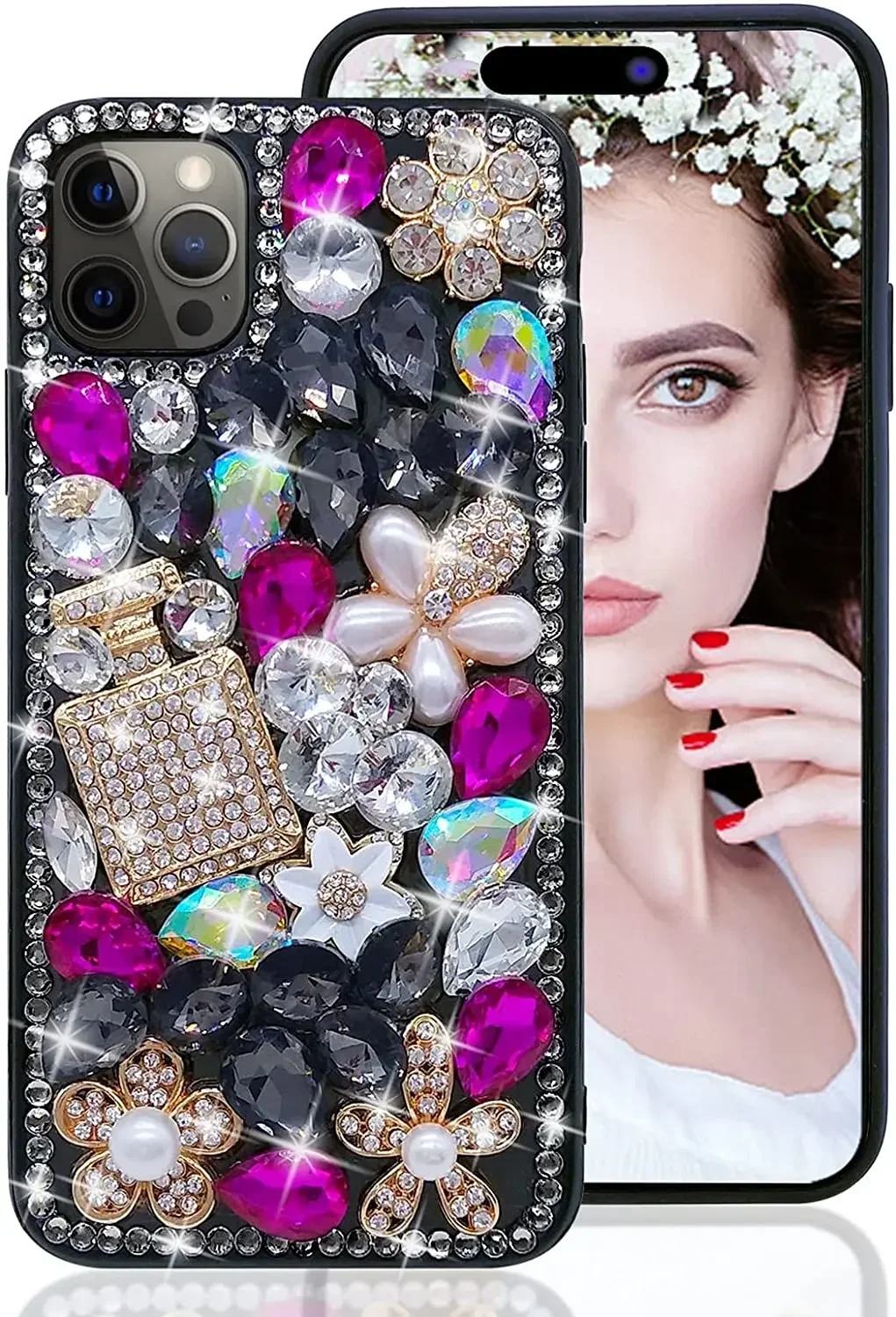 

Perfume Bottle Bling Case for iPhone, Black Collection, 3D Crystal Covers, For iPhone 13, 11, 12, 14, 15 Pro Max, XR, Plus, Hot