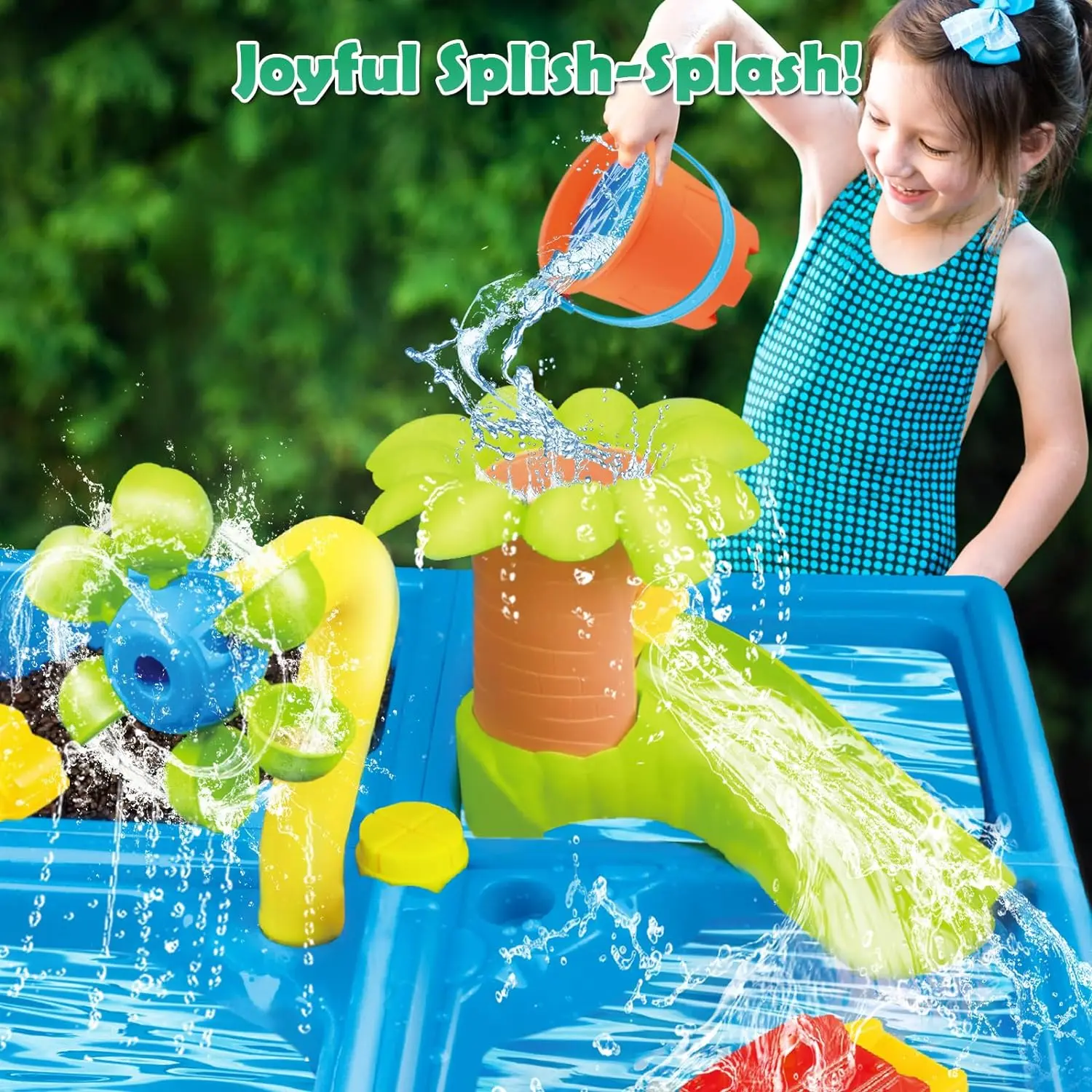 Summer Beach Water Table for Toddlers 4-in-1 Outdoor Play Table Rain Showers Splash Pond Toys 24 PCS Sensory Activity Sand Table 4