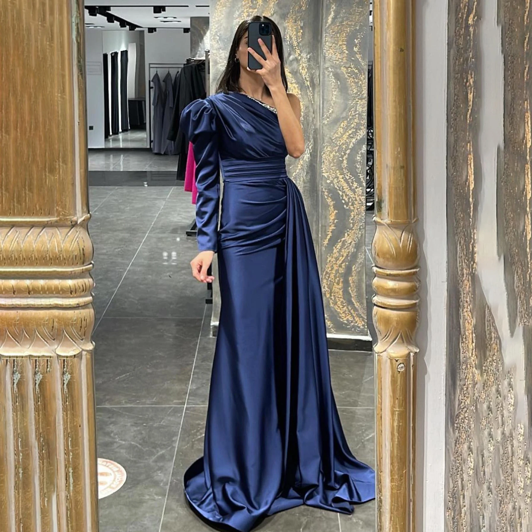 

OEING One Shoulder Luxury Formal Evening Dresses Beading Long Sleeves فساتين سهرة Floor Length Elegant Prom Growns Party Women