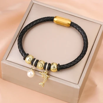 New Arrival Gold Plated Animal Dolphin Stainless Steel Leather Rope Chain Bracelet for Women Holiday Party Fashion Jewelry Gift