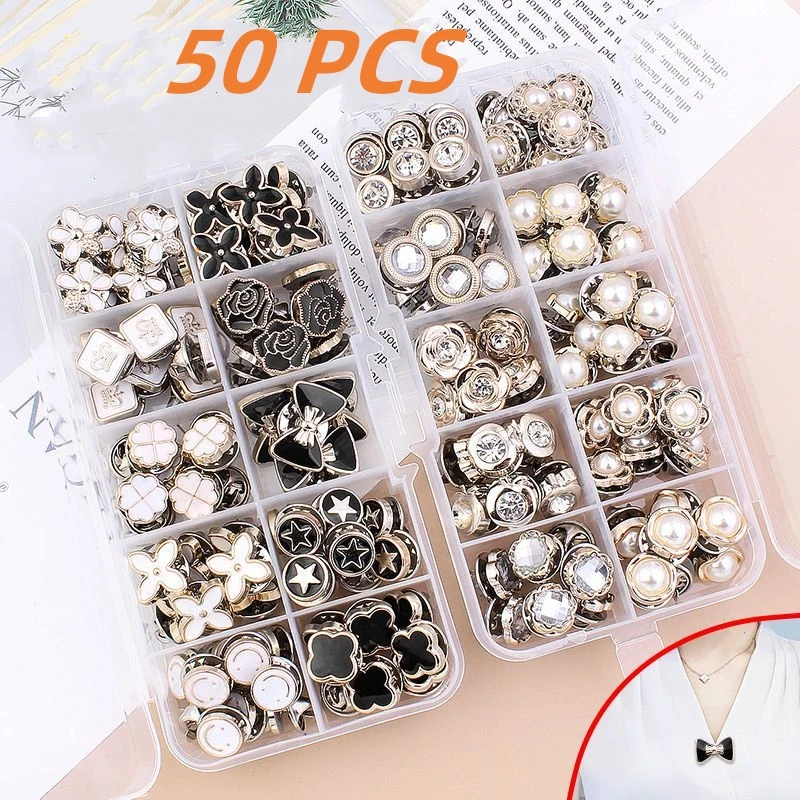 50 Pcs Free Sewing Pearl Rhinestone Button Brooches Pins Prevent Exposure Buttons Badge Coat Clothes Cufflink Shirt Button Set