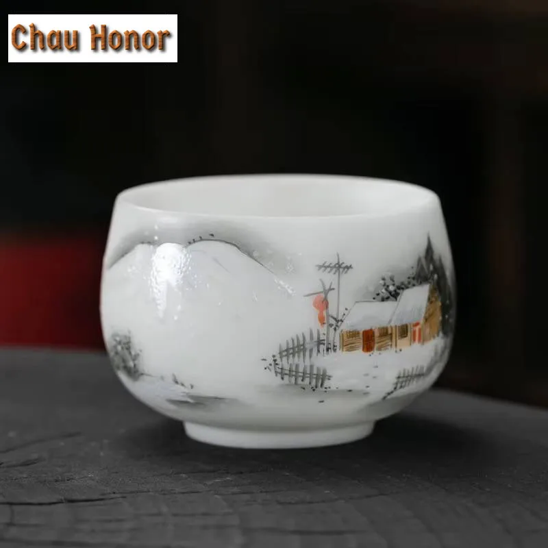 160ml Ice Seed White Jade Mud Porcelain Teacup Hand Drawn Landscape Master Cup Chinese Jianzhan Personal Tea Bowl Kung Fu Teaset