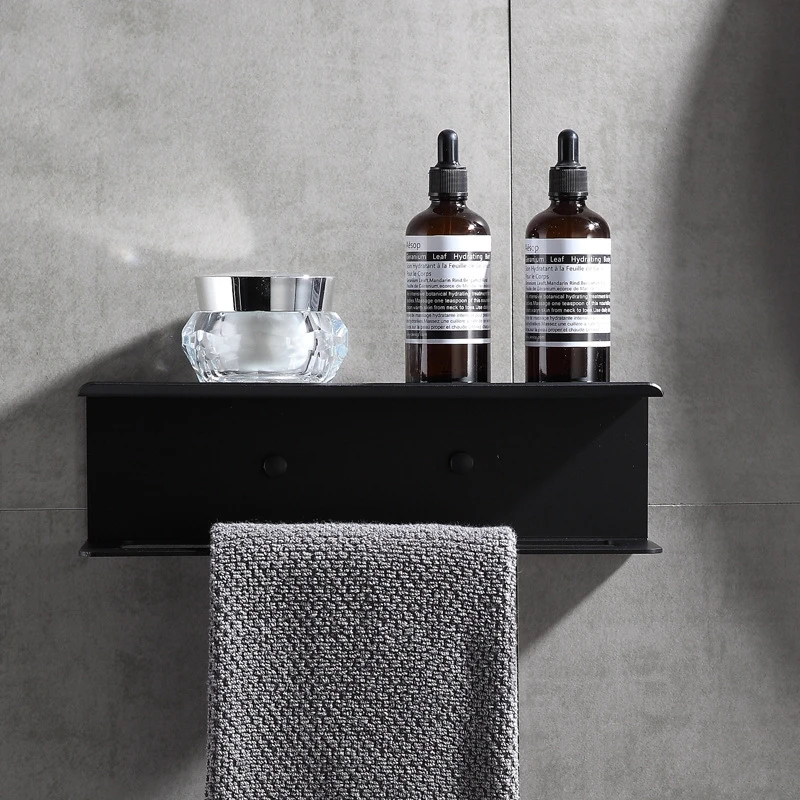1PC Double Towel Rack Hotel Perforated Space Aluminum Black Thick Towel Rack Bathroom Shelf Wall Mount