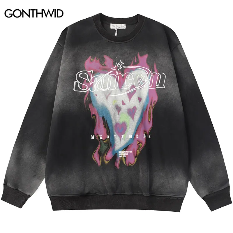 

Hip Hop Sweatshirt Streetwear Vintage Heart Graphic Print Tie Dye Pullover Men 2023 Harajuku Fashion Punk Goth Loose Hoodies