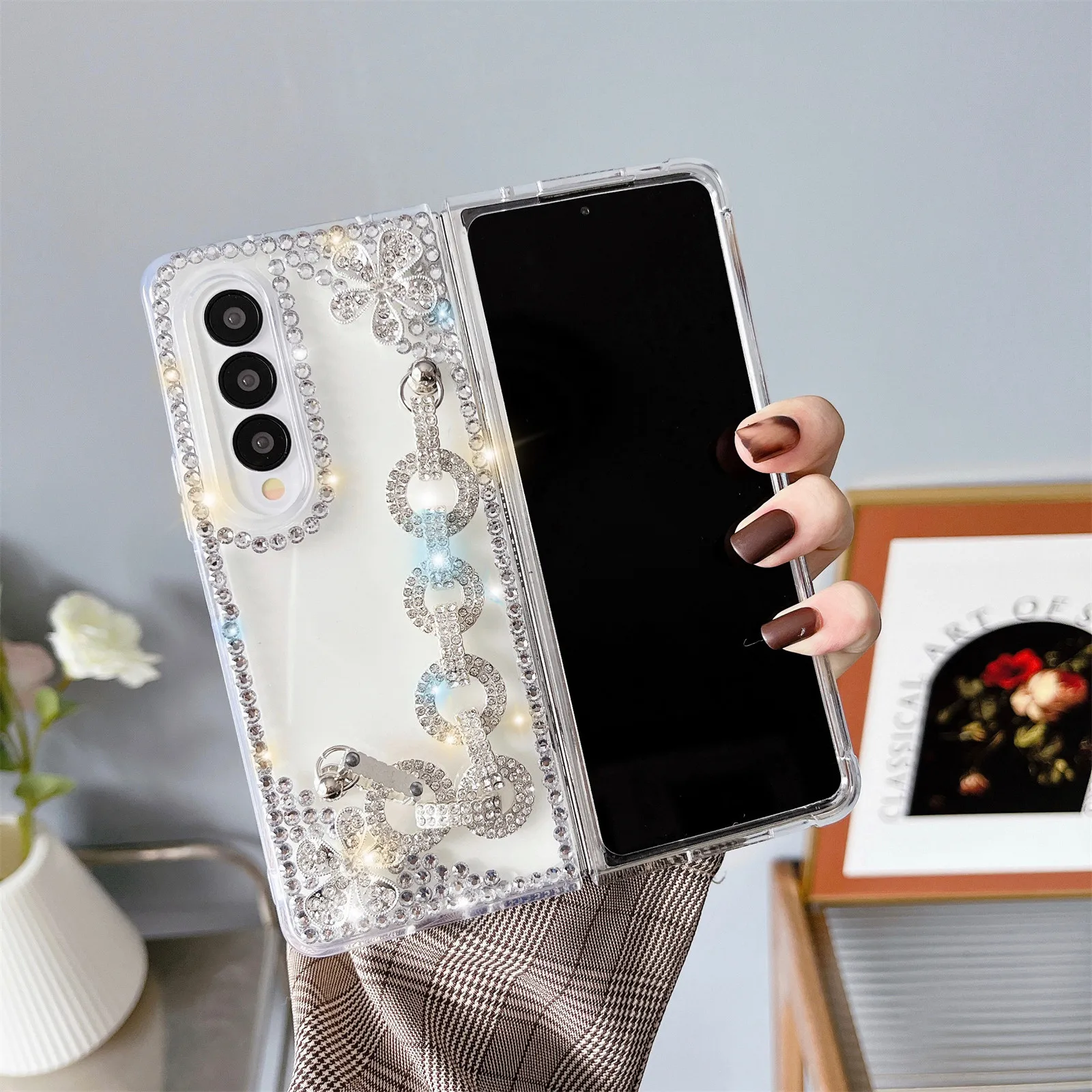 „Samsung Galaxy Z Fold 4 3 2“ dėklas moterims, prabangus rankų darbo blizgantis perlų dirželio grandinėlės deimantinis blizgučių dėklas „Z Fold 5 6“._voghion.com