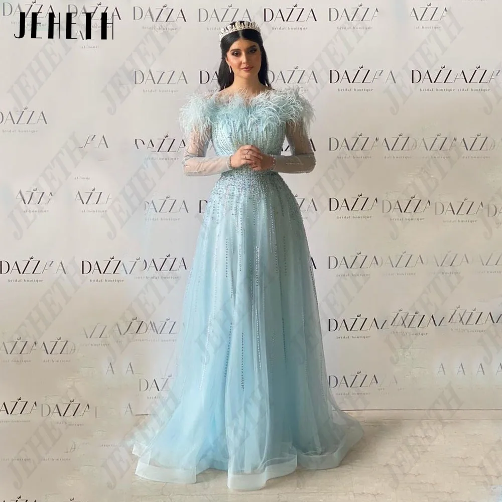 

JEHETH Modern Boat Neck Evening Dress Saudi Arabia Long Sleeves Celebrity Red Carpet Dresses Tulle A-Line فساتين للحفلات الراقصة