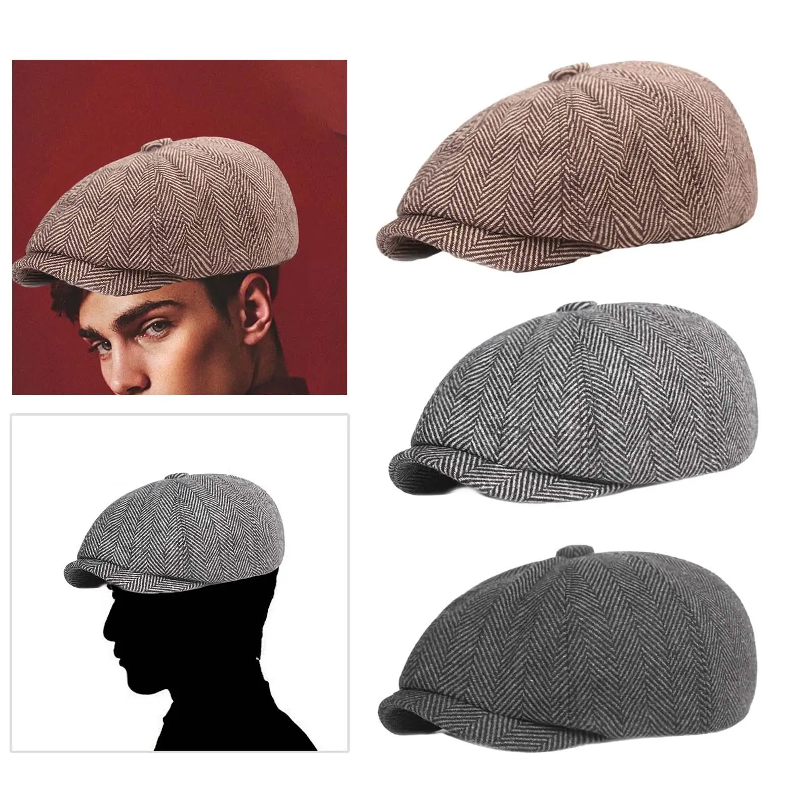 Men`s Newsboy Hats Herringbone British Baker Boy Hat Men Flat Cap Beret Hat Painters Hats for Outdoor Camping Fishing Traveling