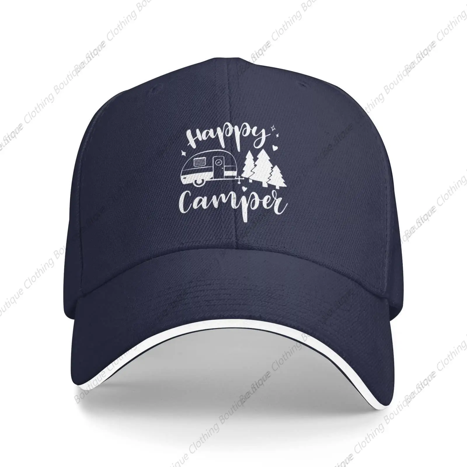 Happy Camper Camping Unisex Baseball Cap Adjustable Snapback Hats Dad Hat Trucker Hat Sandwich Cap Navy Blue