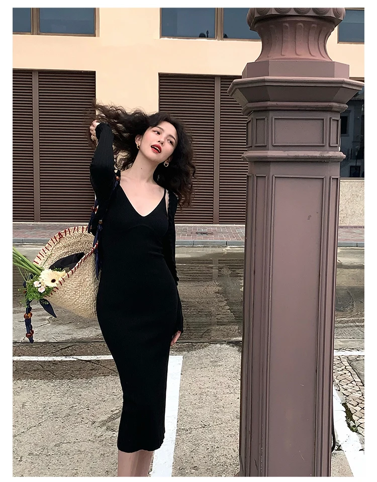 Vintage Chic Knitted 2-piece Dress Set Women Crop Cardigan V-neck Spaghetti Strap Bodycon Midi Dress Autumn New Female Clothing
