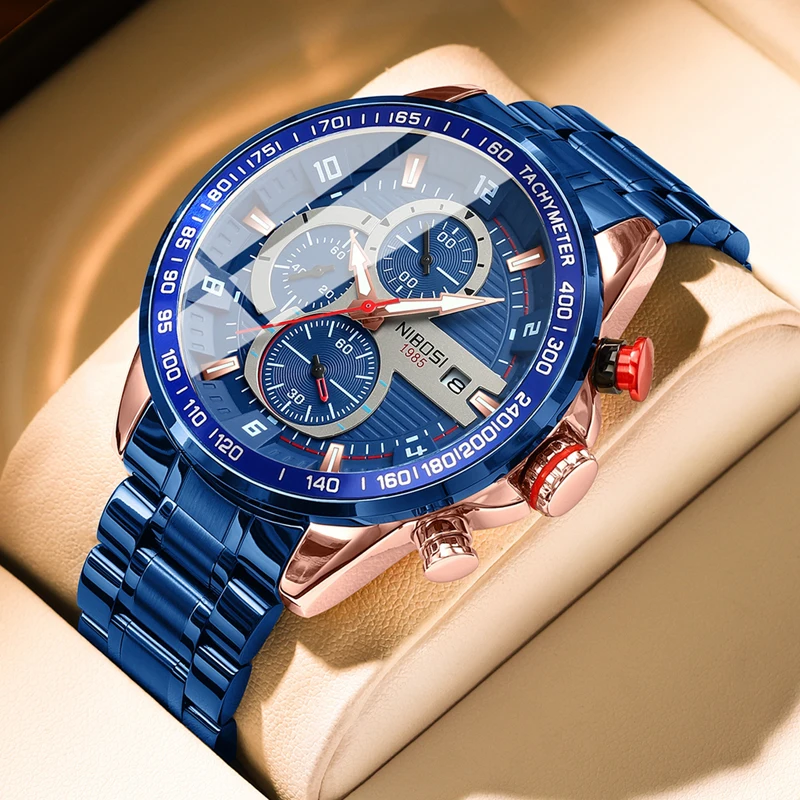NIBOSI New Fashion Blue Quartz Watch for Men Stainless Steel Waterproof Sport Chronograph Mens Watches Top Brand Luxury Clock