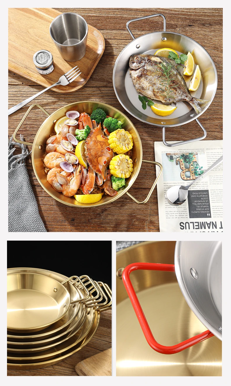 Stainless Steel Golden Serving Tray Round Spanish Seafood Cooking Pan With Two Handles Wok - 30Cm