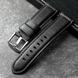 Handmade Retro Black Leather Watchband - Head Layer Cowhide Strap - 22mm (A Silver Buckle)