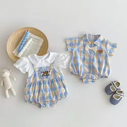 Baby Boy Girl Clothes 2024 Summer Korean Cute Plaid Embroidery Bear Infant Boy Short Sleeve Bodysuit Or Toddler Overalls Outfit