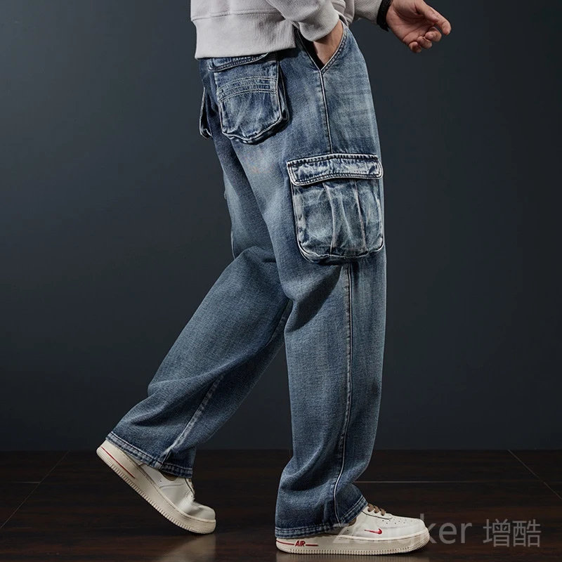 Men Cotton Multi Pocket Design Casual Pants Mid Waist Loose Fit Chic Full Length Trousers