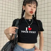 I Love Red Heart Your Text Here Custom Personalized Women Short Sleeve O Neck Cropped Navel Women Crop Tops  kawaii clothes