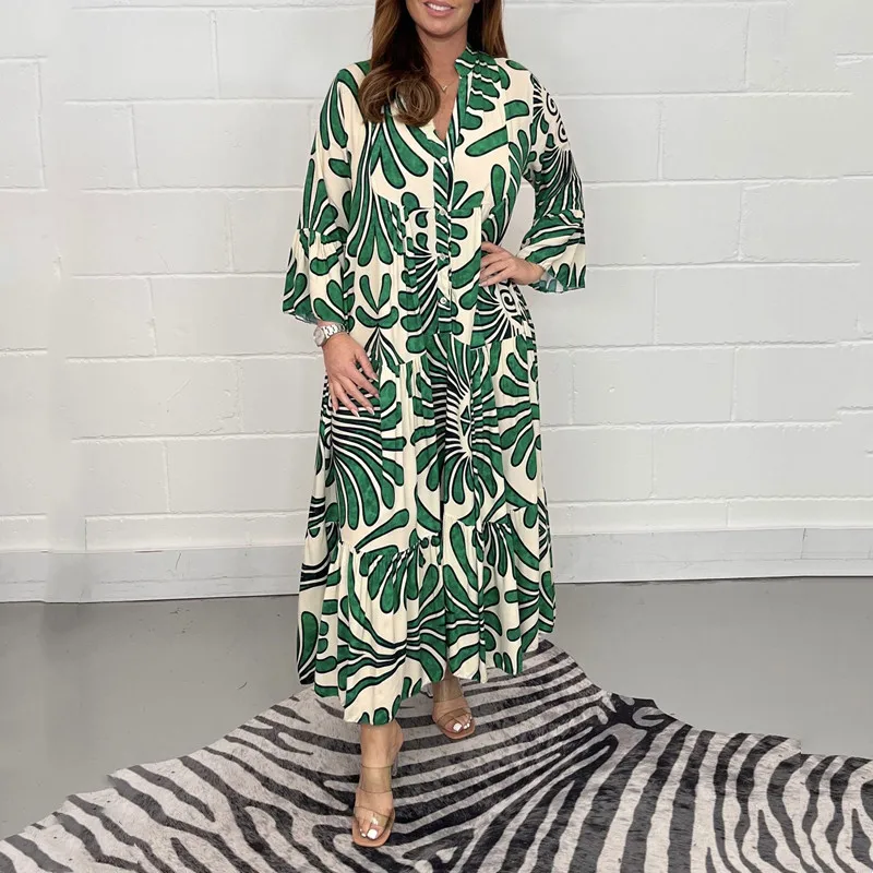 

Fashionable Ruffle Edge Panel Large Swing Dress 2023 Autumn/Winter New Women's Printed Loose Casual Cardigan Maxi Dresses Robe
