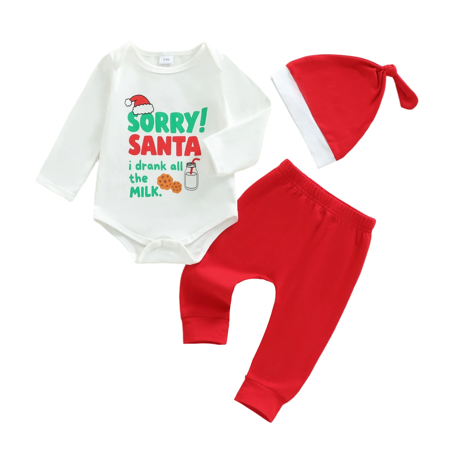 Infant Boy Holiday Attire Festive Letter Print Bodysuit with Cozy Long Pants and Matching Hat 3-Piece Set for Christmas