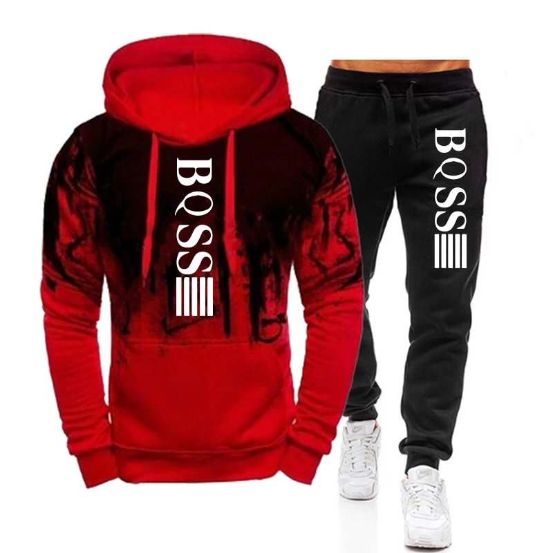2024 Hot Sale Mens Tracksuit Splash-ink Hooded Sweatshirt+Black Sweatpants High Quality Male Casual Sports Jogging Set Outfits