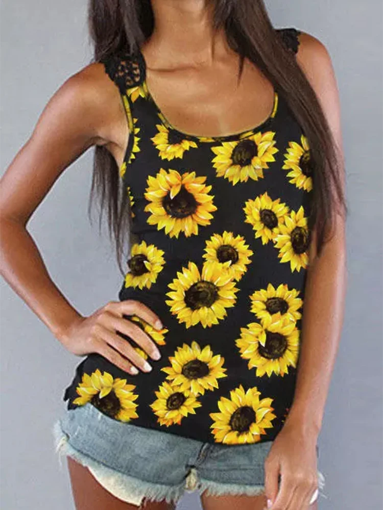 Summer Women Tank & Camis Sunflower Lace Splicing Racerback Vest O-Neck  Hollow Out Patchwork Flowers Print Tank Tops Ropa Mujer