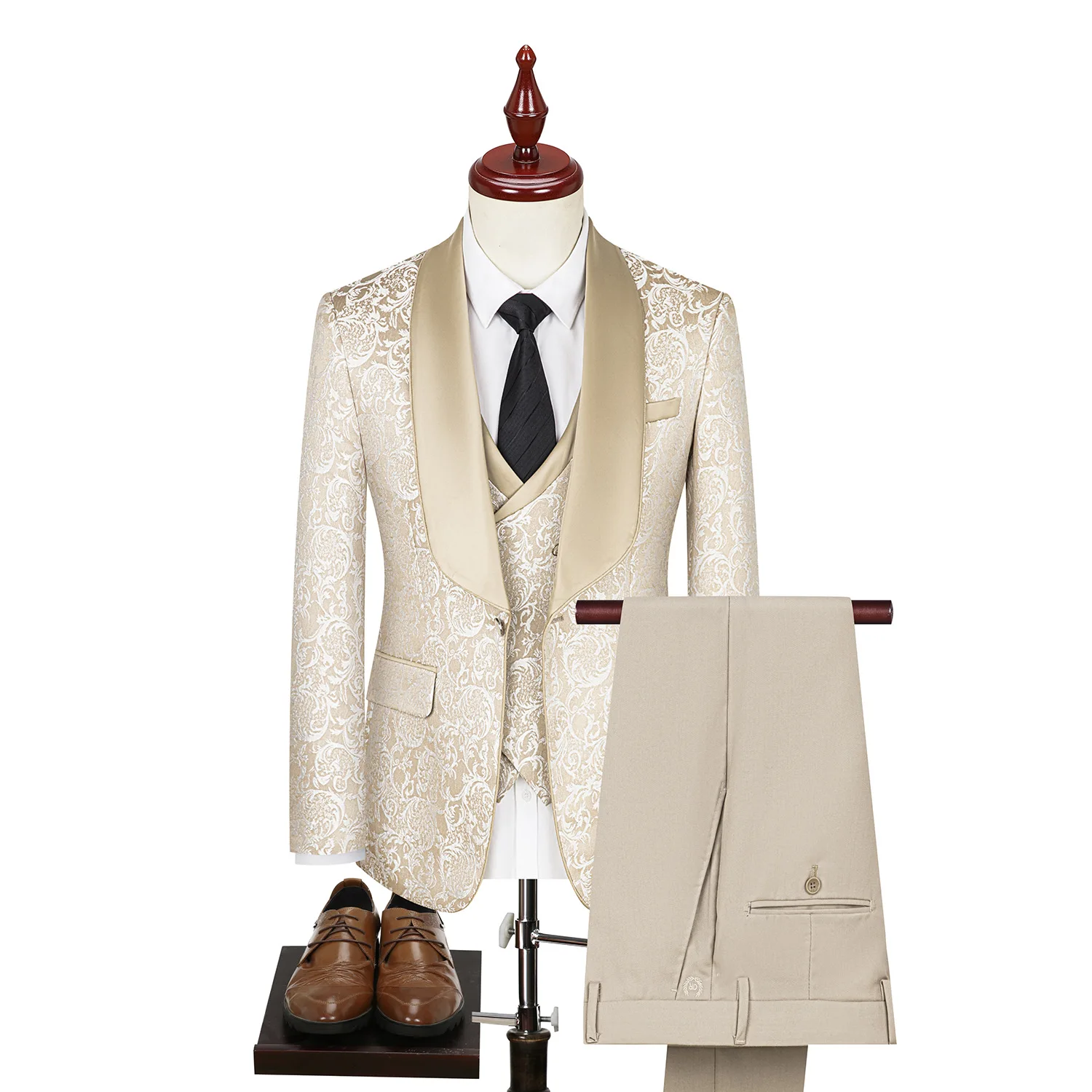 Embroidered Men Suit 3 Pieces Printed Striped With Lapel For Wedding Banquet Work Business Tuxedo Set Jacket Vest With Pants