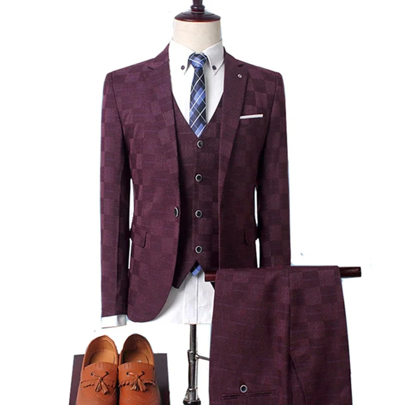 Plaid Suit Men Blazer Vest Pants Business British Style Wedding Dress Banquet High End Slim Fit Jacket Trousers 3 Piece Set mens suit