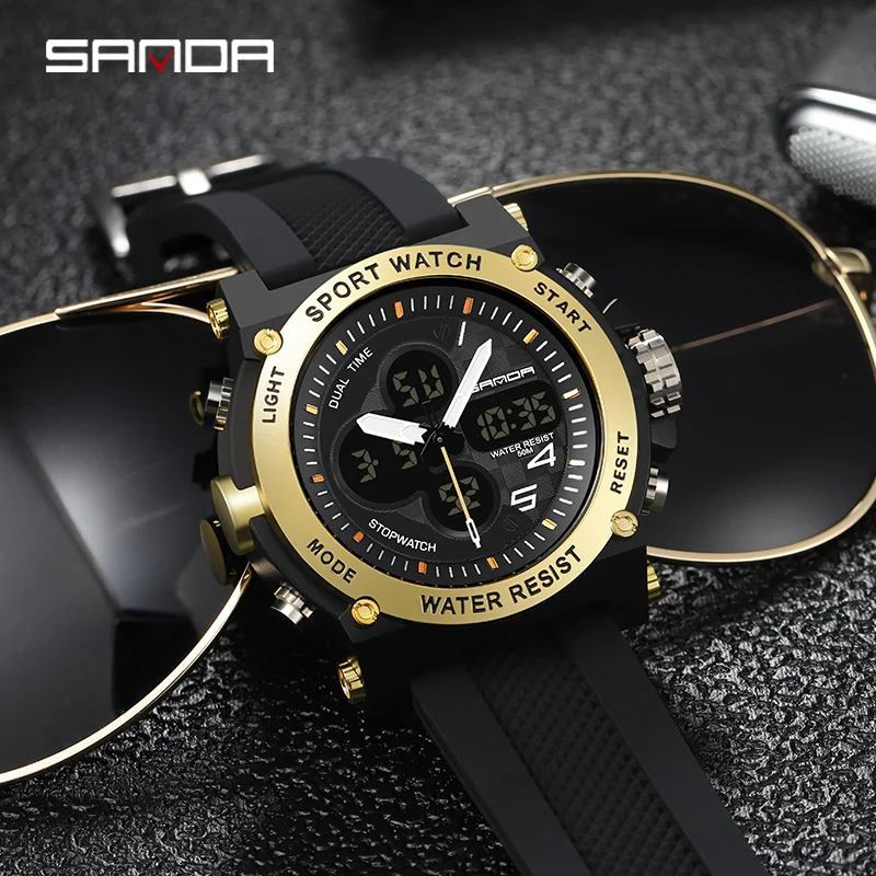 SANDA Fashion Trend Dual Display Men Watch Luxury Brand Multifunctional Dial Design Military Mens Watches Luminous Waterproof