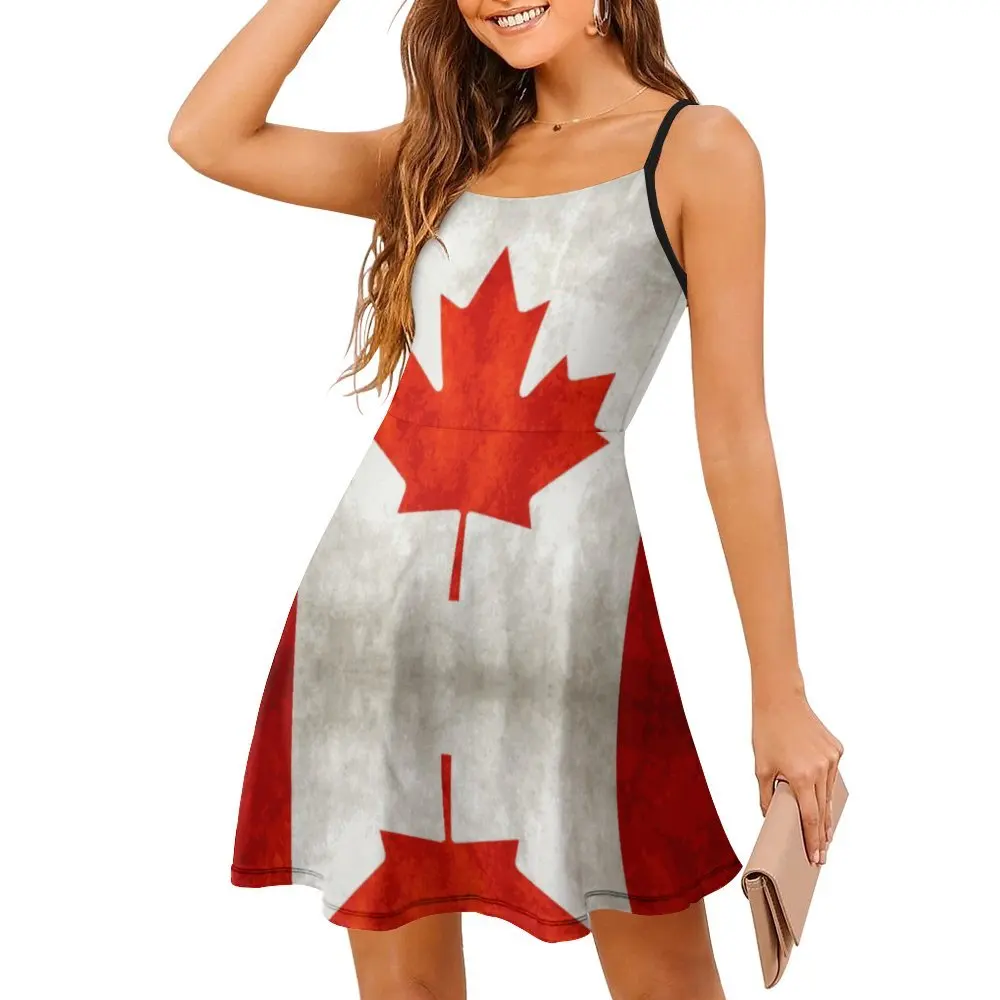 

Canada Canadian Flag National Flag of Canada Classic Exotic Woman's Clothing Women's Sling Dress Humor Graphic Parties Strapp