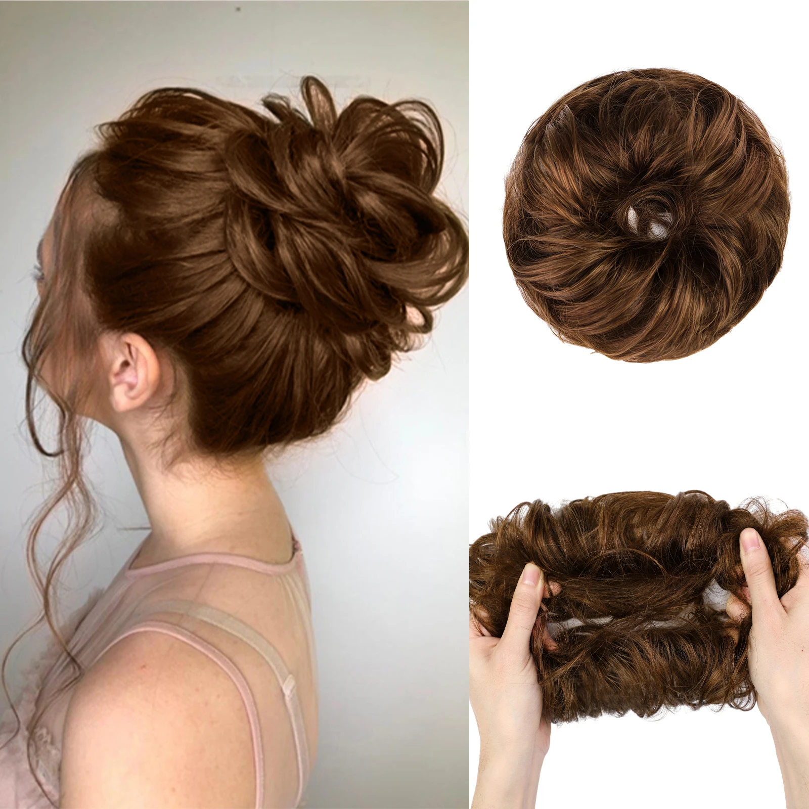 Brown Human Hair Messy Hair Bun Curly Chignon Extensions with Rubber Band Bun Piece for Women