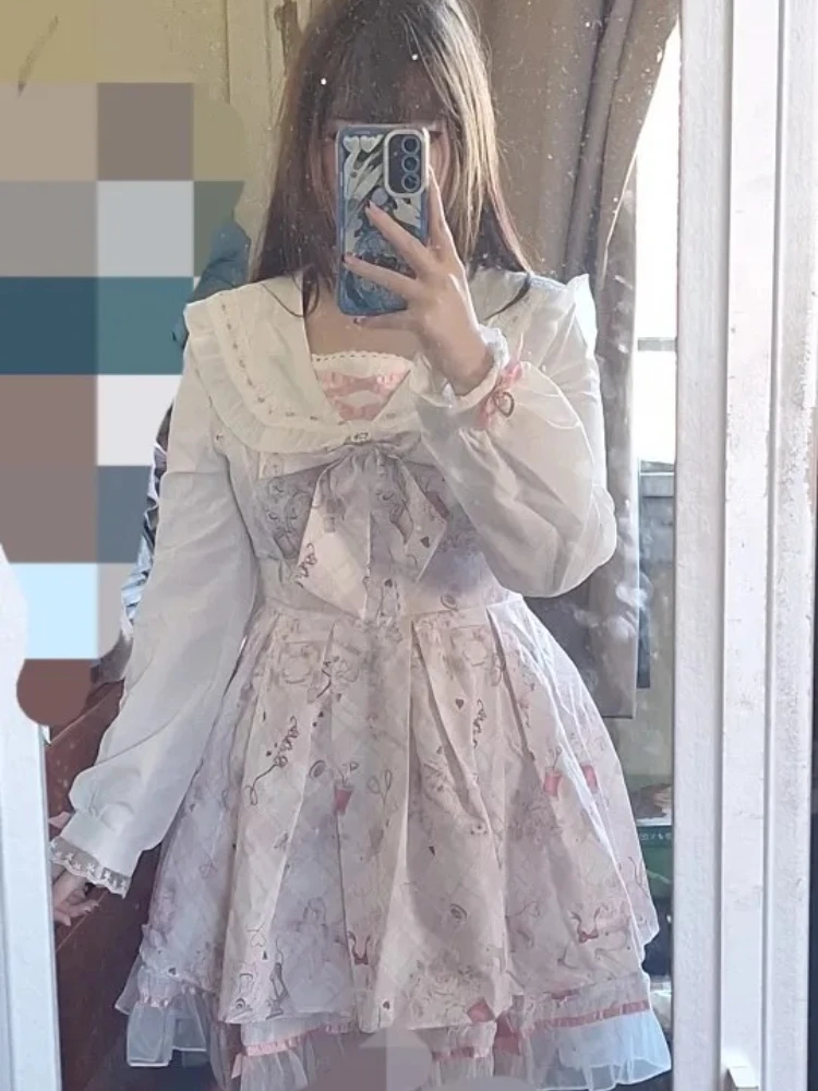 Japanese Sweet Lolita Kawaii Dress Women Spring Printed Bow Design Fake Two Piece Dress